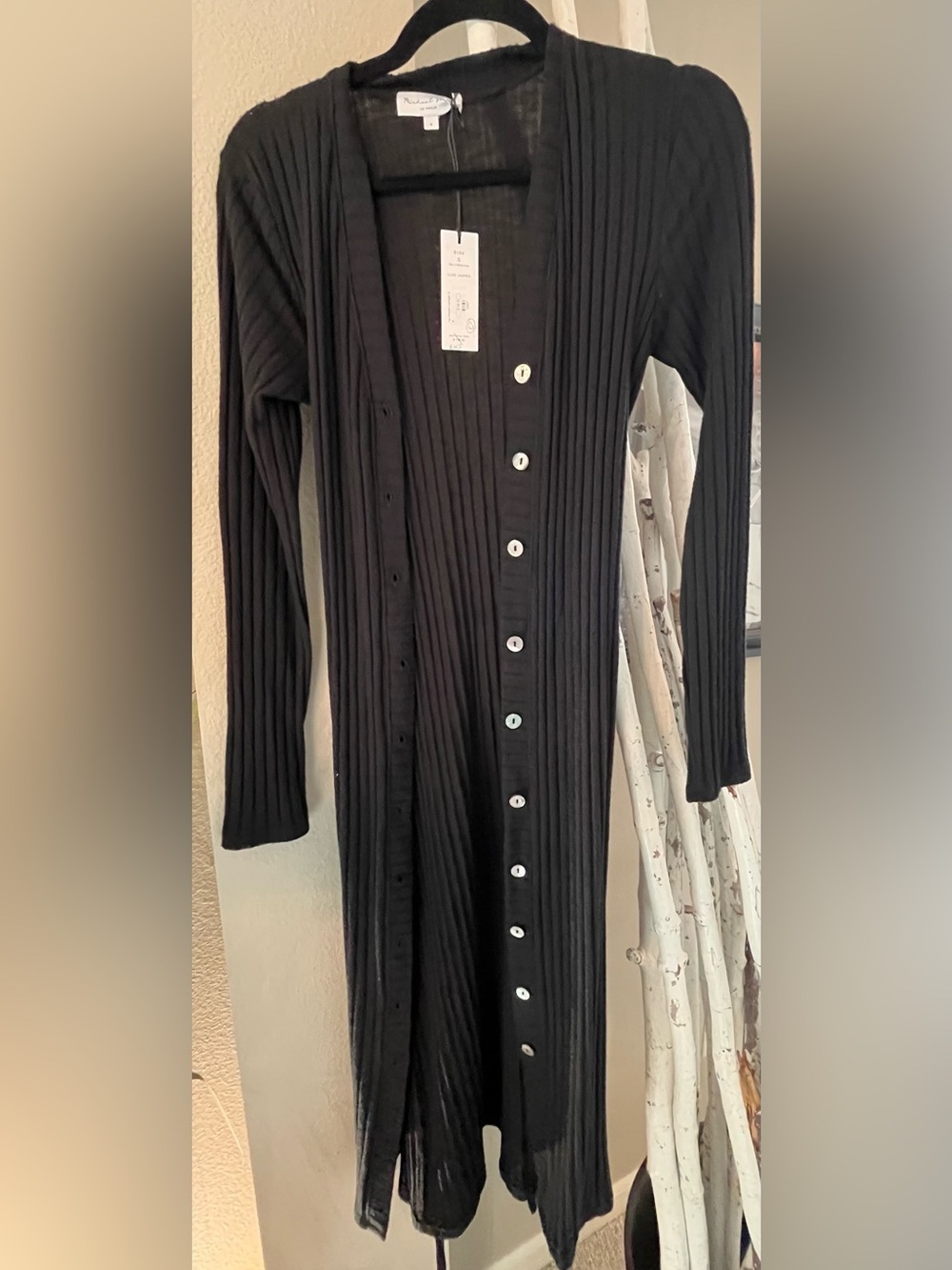 Black Michael Stars Isa Cardigan Button-Front Long Ribbed Cardigan Size Small